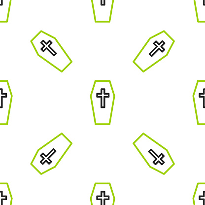 Line Coffin with christian cross icon isolated seamless pattern on white background. Happy Halloween party. Vector.