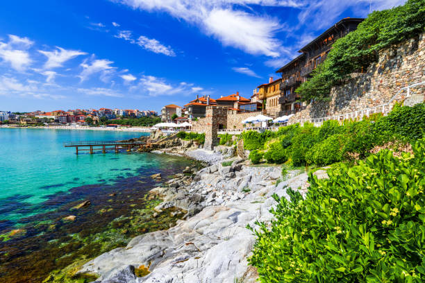 Sozopol, Bulgaria - Walled city of ancient Apollonia on Black Sea Sozopol, Bulgaria. Ancient walls of Apollonia and Black Sea seaside, Burgas. bulgaria stock pictures, royalty-free photos & images