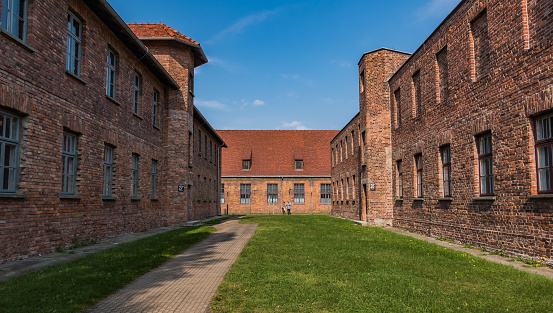 Auschwitz, Poland - September 10, 2017: A picture of the administrative buildings of the Auschwitz-Birkenau Museum.