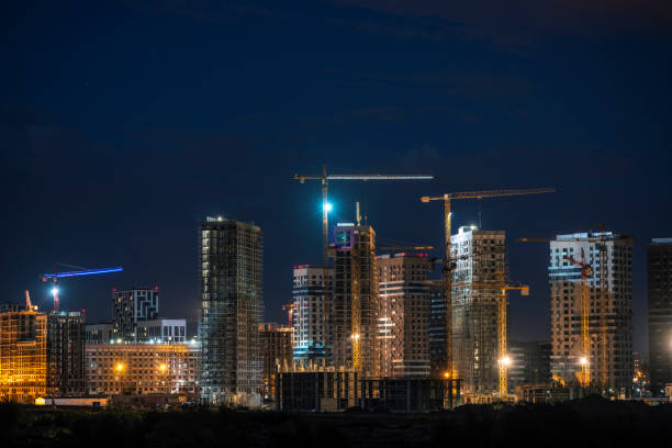 New residential quarter construction. Night shot.