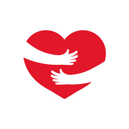 Embrace of heart. Icon of hug with heart with help hands. Logo of warm, love and care. Arm, heart hug yourself. Symbol of family cozy. Concept of health. Shape for mother day. Gift of charity. Vector.