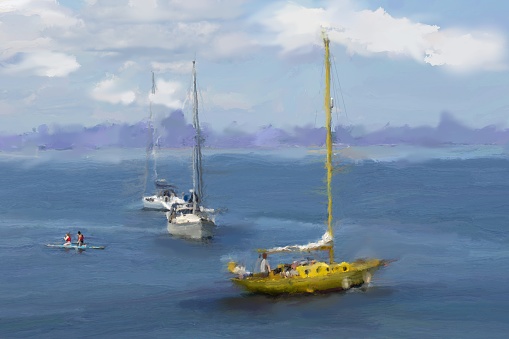 Sailing the yellow Wooden Yacht and paddle boarding-Digital painting-Digitally generated image-stock photo/.