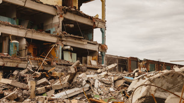 istock Remains of destroyed industrial building with internal communications 1272485841