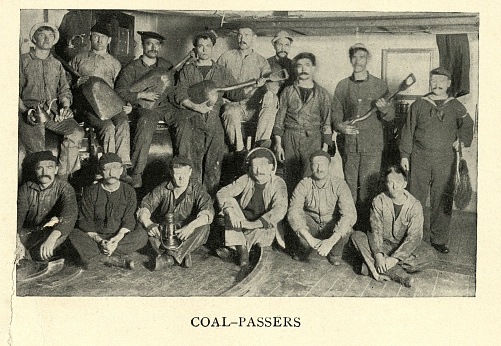 Vintage photograph of Coal passers on USS Maine, US Navy Battleship, 1890s