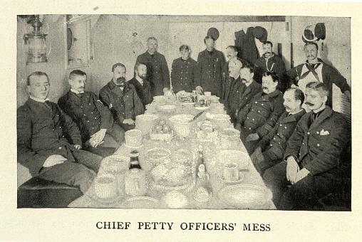 Vintage photograph of Chief Petty officers mess on USS Maine, 1890s