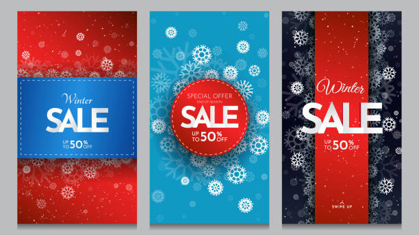 istock Set of winter graphic voucher. Art design. Modern decorative invitation with red and blue color. Creative luxury flyer concept. Discount sale banners. Flat snowflakes. Snowfall. 1272488449