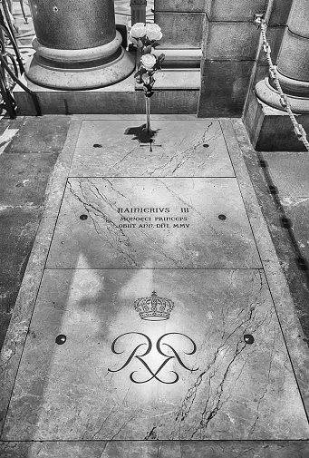 MONACO - AUGUST 13: Tomb of Prince Rainier III inside the Cathedral of Our Lady Immaculate, aka Monaco Cathedral, iconic landmark in Monaco City, aka Le Rocher or The Rock, as seen on August 13, 2019