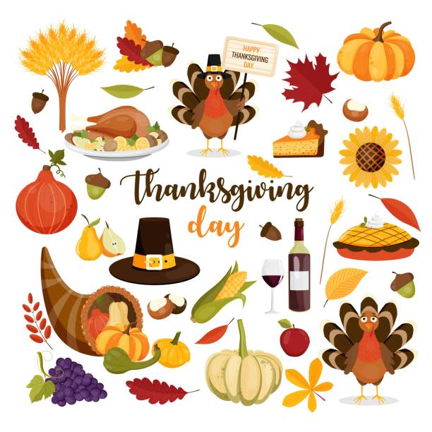 ilustraciones, imágenes clip art, dibujos animados e iconos de stock de elementos de diseño de día de acción de gracias y otoño. pavo, sombrero de peregrino, calabaza, cornucopia, vino, hoja de arce. - thanksgiving fruit cornucopia vegetable