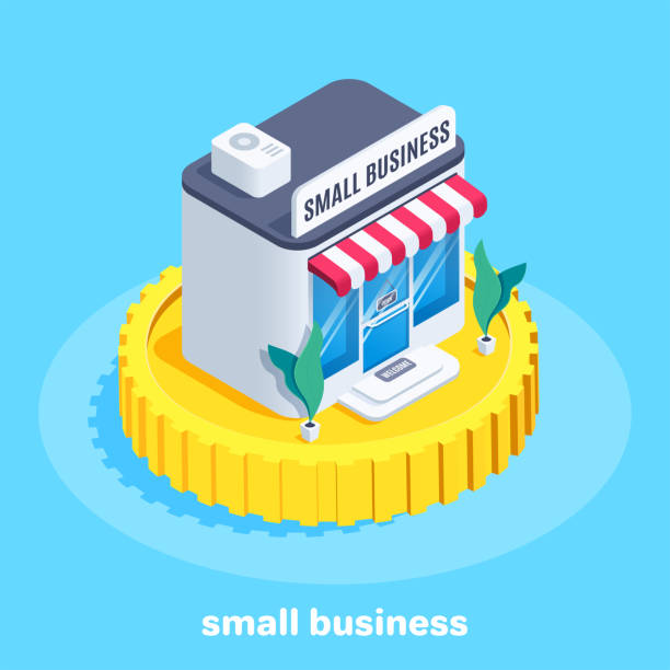small business isometric vector image on blue background, shop on gold coin and lettering small business small business saturday stock illustrations