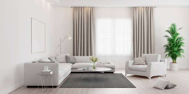 Modern Living room, interior design with green plant 3D Render
