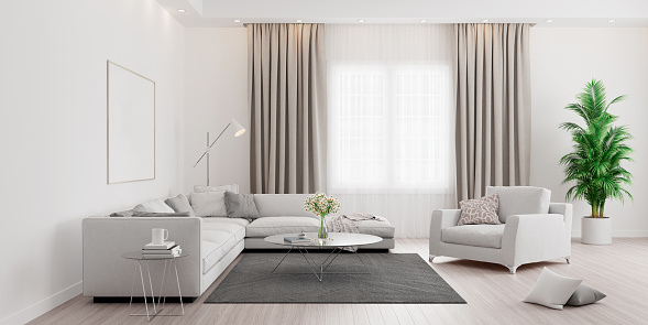 Modern Living room, interior design with green plant 3D Render 3D illustration