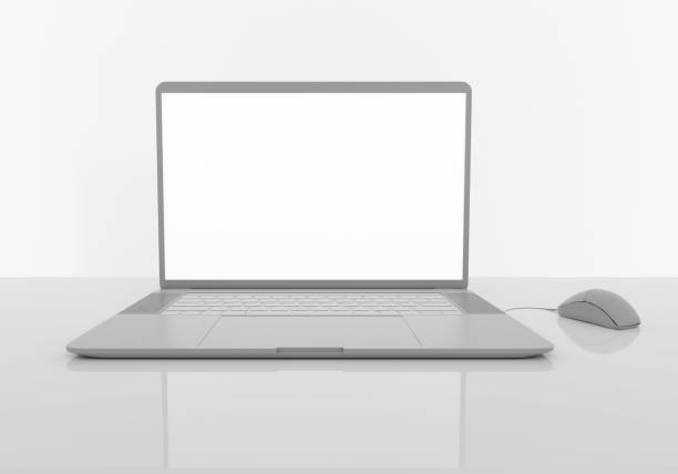 istock laptop on the reflective gray table, mockup monitor, work at home concept, workplace, 3d render 1272492959