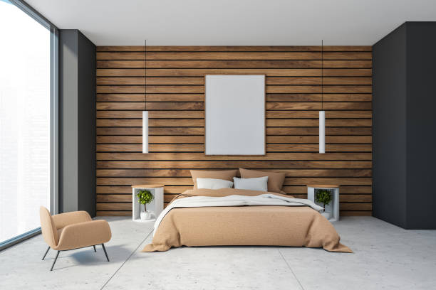 istock Grey and wooden bedroom interior with poster 1272493014