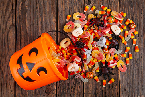 halloween candy corn background. colorful candies for fall season holiday