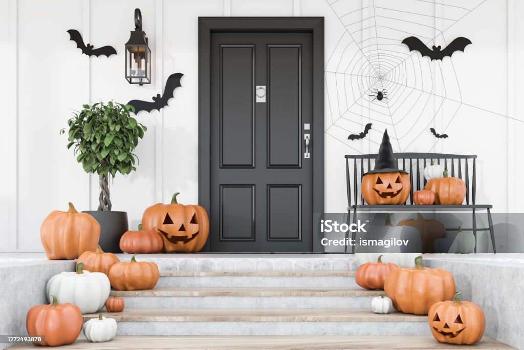 Carved pumpkins on stairs of white house Carved pumpkins, bats and spiders on stairs and bench near modern house with black front door, tree in pot and white walls. Concept of halloween. 3d rendering Halloween Stock Photo
