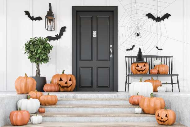 Carved pumpkins on stairs of white house Carved pumpkins, bats and spiders on stairs and bench near modern house with black front door, tree in pot and white walls. Concept of halloween. 3d rendering decor stock pictures, royalty-free photos & images