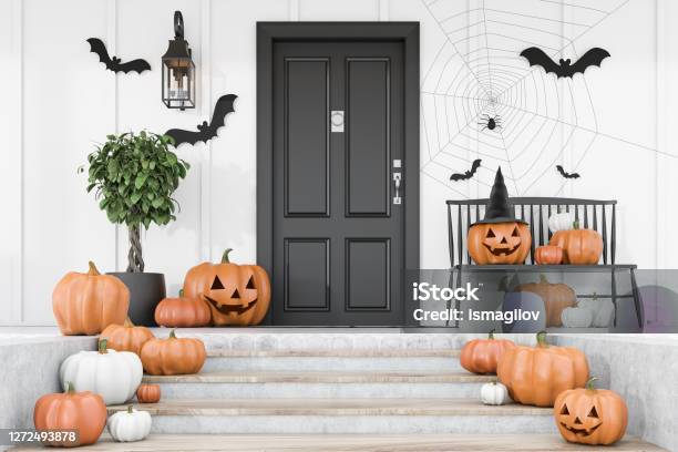 Carved Pumpkins On Stairs Of White House Stock Photo - Download Image Now - Halloween, House, Home Decor