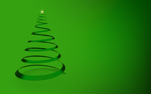 Green Christmas background with Christmas tree from ribbon and place for your text, 3D render. Minimalist Christmas concept