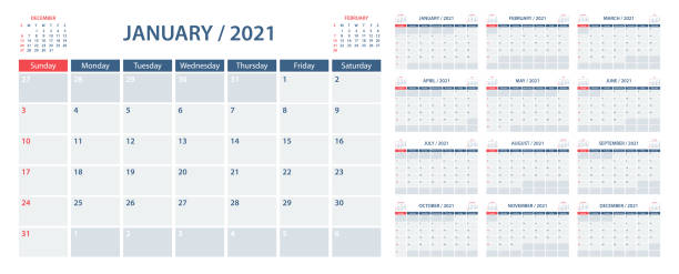 Calendar Planner 2021 - Vector Template. Week starts on Sunday Calendar Planner 2021 - Vector Template. Week starts on Sunday 2021 stock illustrations