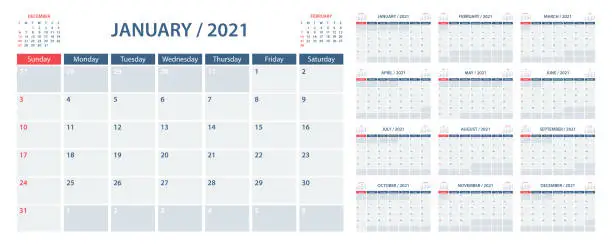 Vector illustration of Calendar Planner 2021 - Vector Template. Week starts on Sunday