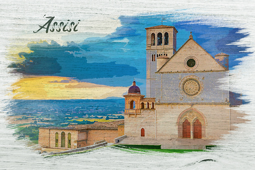 Basílica de San Francisco, Asís, Italia, pintura de acuarela photo