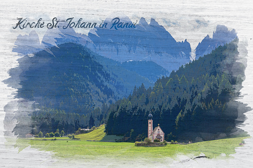 Watercolor painting of Church St. Johann in Ranui, Italy, Dolomites