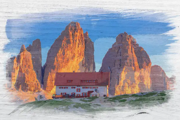 Dreizinnen hut in Tre Cime, Dolomites, Italy, watercolor painting