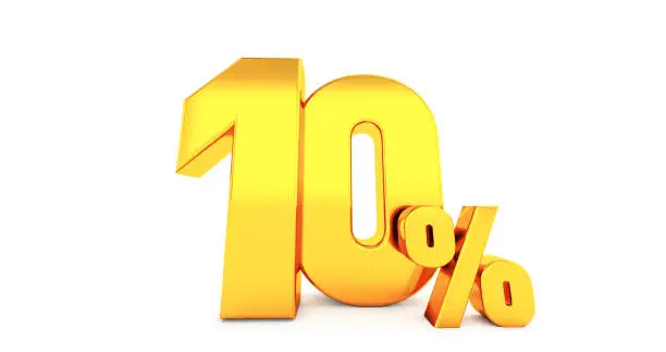 Photo of 3d render of ten 10 percent on white background. 10% percent