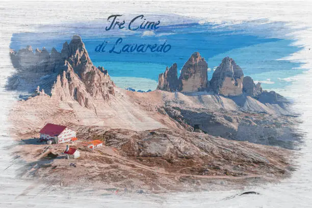 Chiesetta Alpina and mountain shelter Dreizinnen hut, Italy, watercolor painting