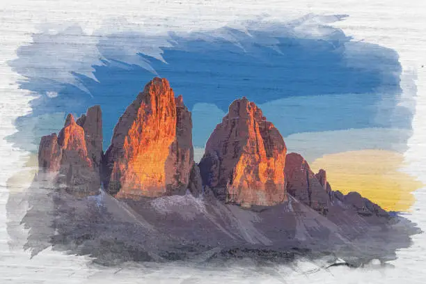 Watercolor painting of Dreizinnen Hut and Tre Cime, Dolomites, Italy
