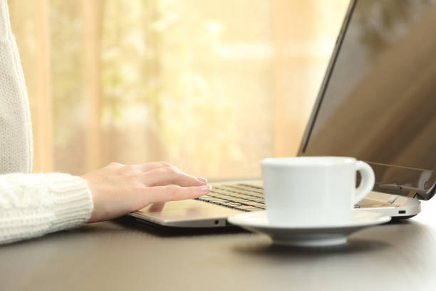 manos de mujer usando portátil sentado en una mesa en casa - resting computer key break red fotografías e imágenes de stock