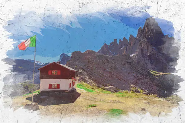 Monto Paterno and Dreizinnen hut in Dolomites, Italy, watercolor painting