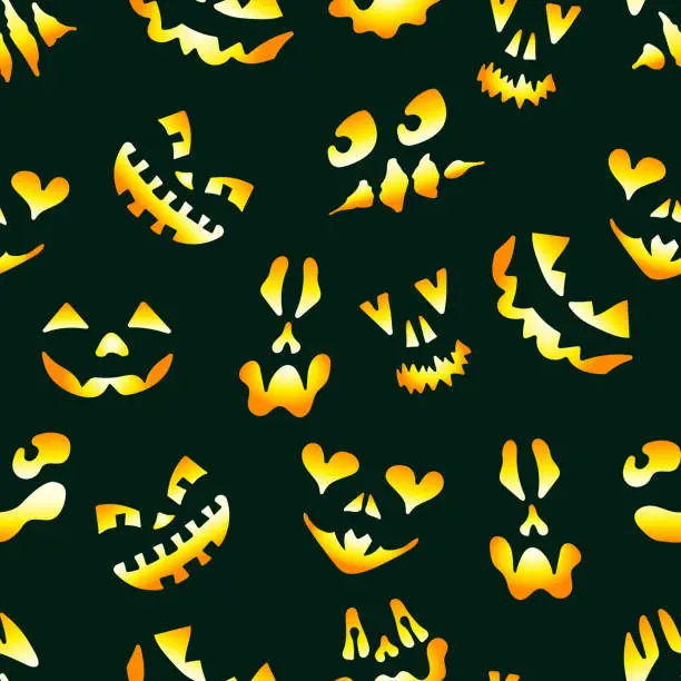 Vector illustration of Halloween vector illustration. Seamless pattern with scary faces. Spooky character for banner, poster, invitation or festive decoration