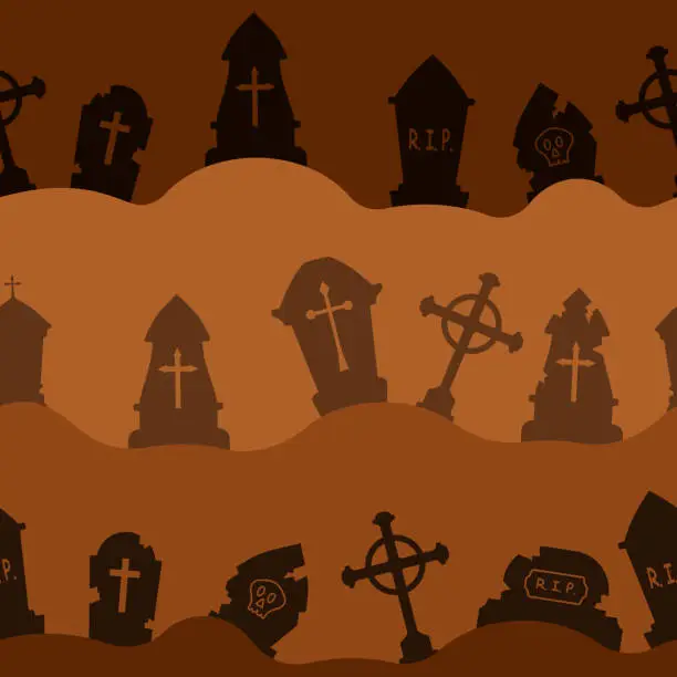 Vector illustration of Halloween cemetery pattern with graves. Halloween holiday seamless pattern background. Spooky vector illustration for banner, poster, invitation or festive decoration.