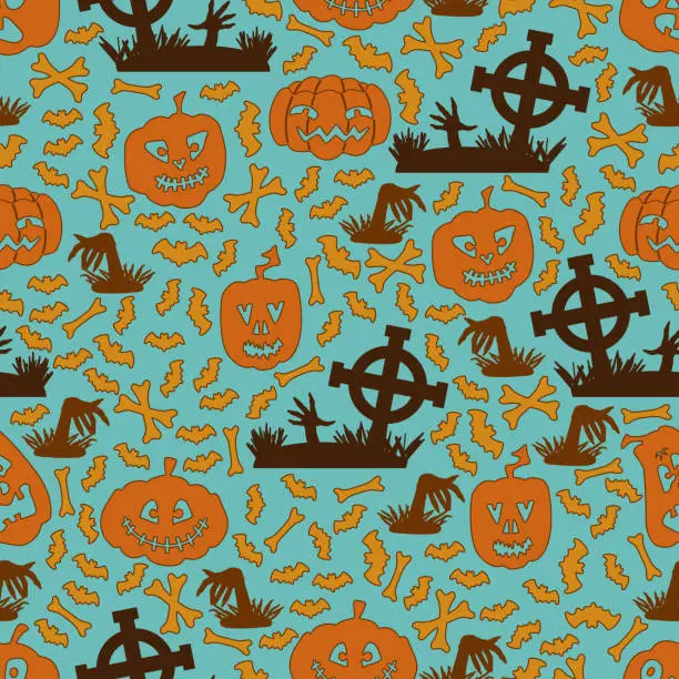 Vector illustration of Halloween Pattern with pumpkins, bones, crosses and bats. Seamless Halloween Pattern. Halloween holiday seamless pattern background.