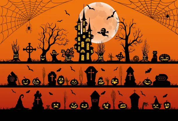 Vector illustration of Set of halloween silhouettes black icons and characters. Vector illustration. Isolated on an orange background.
