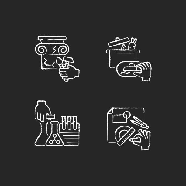 Handmade chalk white icons set on black background Handmade chalk white icons set on black background. House renovation. Building restoration. Home cook. Chemistry and science project for school. Design scheme. Isolated vector chalkboard illustrations building restoration project stock illustrations