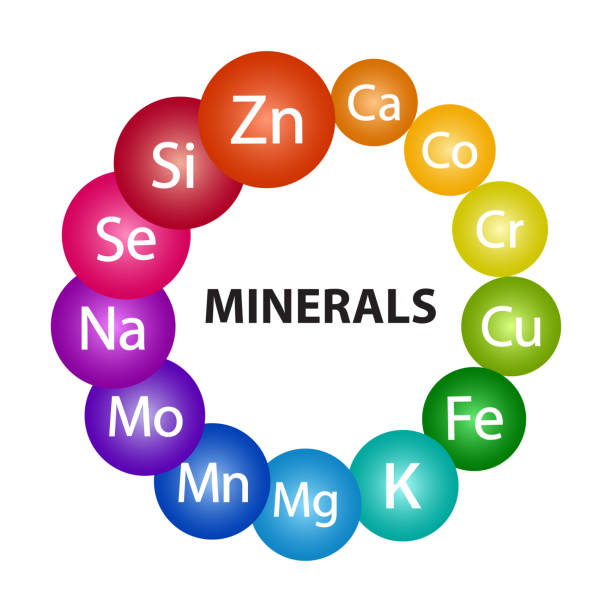 mineral ergänzung set. multivitamin-komplex für die gesundheit. unverzichtbare vitamin-symbole. calcium cobalt chrom kupfer magnesium mangan molybdänit kalium selen silizium natrium zink. vektor - capsule vitamin pill letter k medicine stock-grafiken, -clipart, -cartoons und -symbole