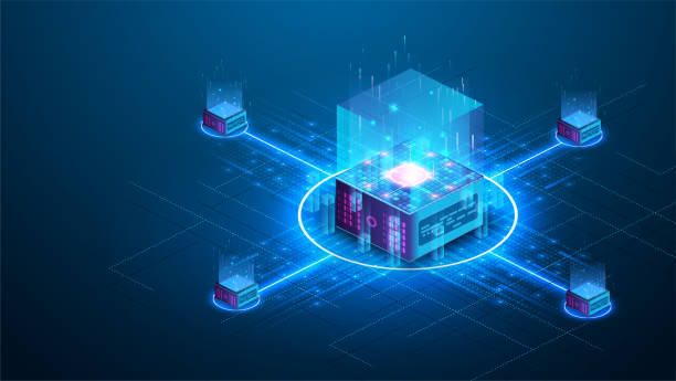 Concept big data processing center, cloud database, server energy station future. Data transmission technology. Synchronizing personal information. Cube or box  Block chain of abstract finance data Concept big data processing center, cloud database, server energy station future. database stock illustrations