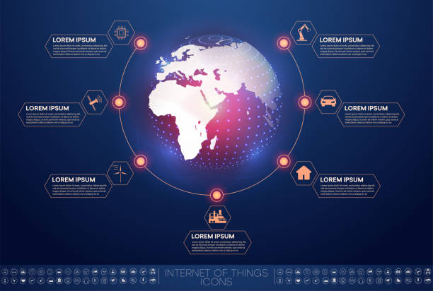 モノのインターネット (iot) または産業世界地図と接続されたデバイスのネットワークの概念。未来的な青の背景にネットワーク接続のスパイダーウェブ。ベクトルの図 - spider web computer network internet communication点のイラスト素材／クリップアート素材／マンガ素材／アイコン素材