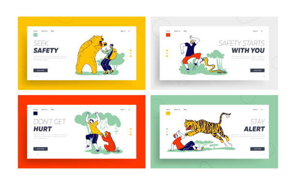 istock Characters Attacked with Wild Animals Landing Page Template Set. Bear, Tiger and Ape with Moose or Bees. Danger in Nature 1272506642