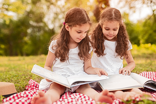 Adorable little twin sisters in white dresses sitting on blanket and reading books while spending summer day on green meadow in park