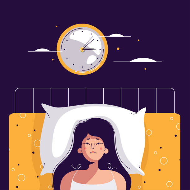 Insomnia woman. Unhappy, sad, tired girl lying in bed, trying to fall asleep. Female character suffers from insomnia. Sleep disorder, sleeplessness concept. Vector illustration, flat cartoon design Insomnia woman. Unhappy, sad, tired girl lying in bed, trying to fall asleep. Female character suffers from insomnia. Sleep disorder, sleeplessness concept. Vector illustration in flat cartoon design insomnia illustrations stock illustrations