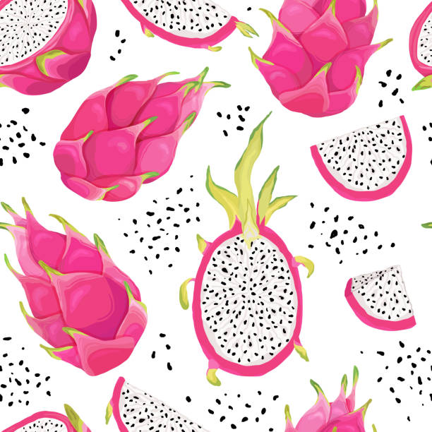 illustrations, cliparts, dessins animés et icônes de motif sans couture avec des fruits de dragon, fond de pitaya. illustration vectorielle dessinée à la main dans le modèle d’aquarelle pour la couverture romantique d’été, papier peint tropical, texture vintage - fruit du dragon