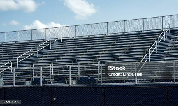 Empty Sports Stadium Due To Pandemic Stock Photo - Download Image Now - Soccer, Bleachers, High School