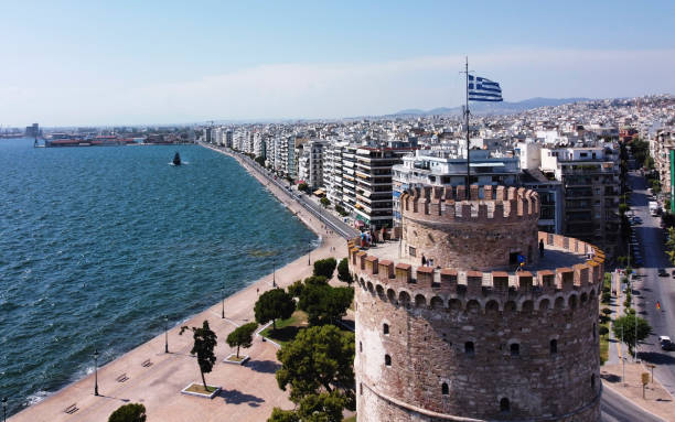 Aerial view of Thessaloniki in Greece Aerial view of White Tower of Thessaloniki in Greece on August 25 2020 byzantine photos stock pictures, royalty-free photos & images