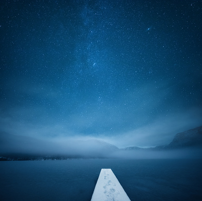 Peaceful winter night by the frozen lake.