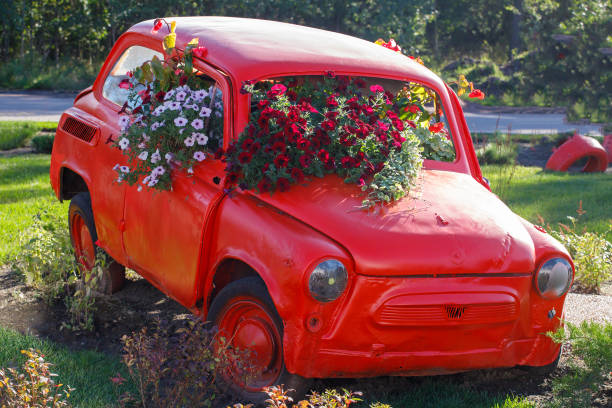 Wedding bouquet on vintage wedding car