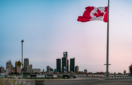 The Detroit skyline as seen from across the Detroit River in Windsor, Ontario.