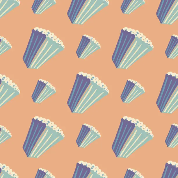 Vector illustration of Soft blue popcorn ornament seamless doodle pattern. Light beige background. Simple sinema backdrop.